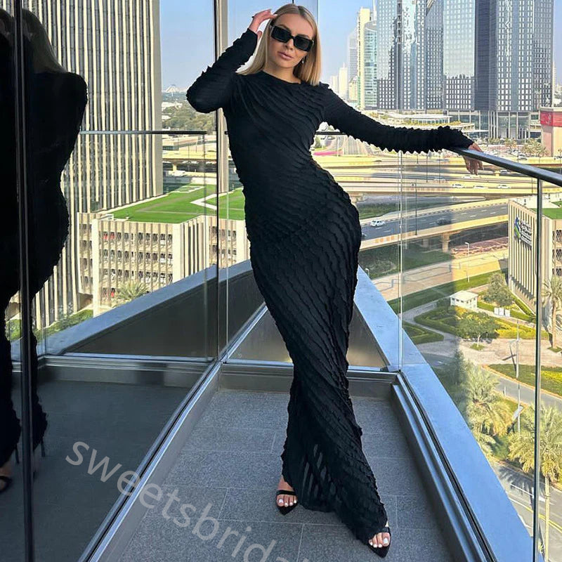 Black Ruffle Long Sleeves Mermaid Floor Length Prom Dress,SWS2382