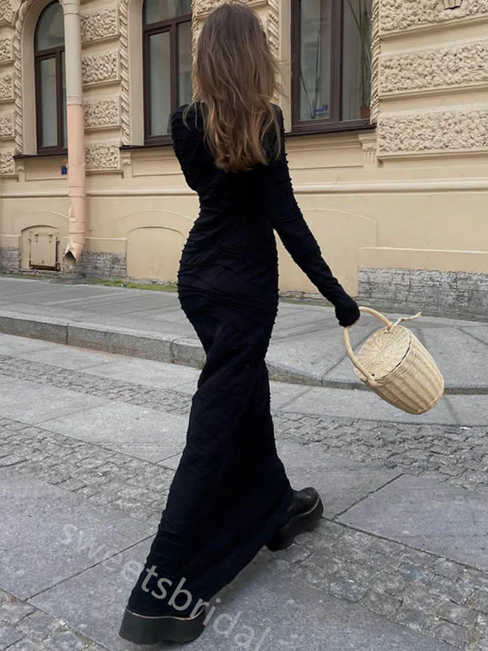 Black Ruffle Long Sleeves Mermaid Floor Length Prom Dress,SWS2382
