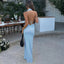 Blue Halter Deep V-neck Sleeveless Mermaid Floor Length Prom Dress,SWS2381