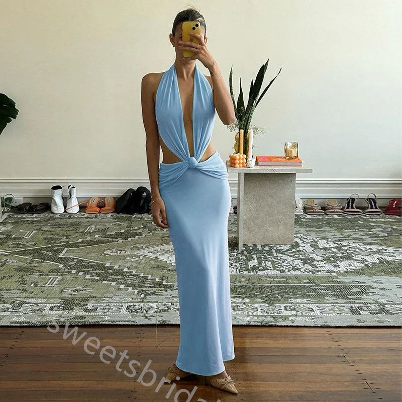 Blue Halter Deep V-neck Sleeveless Mermaid Floor Length Prom Dress,SWS2381