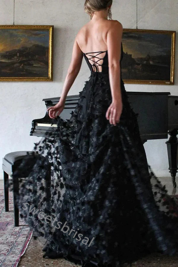 Black Sexy Sleeveless Side Slit A-line Floor Length Prom Dress,SWS2189