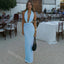 Blue Halter Deep V-neck Sleeveless Mermaid Floor Length Prom Dress,SWS2381