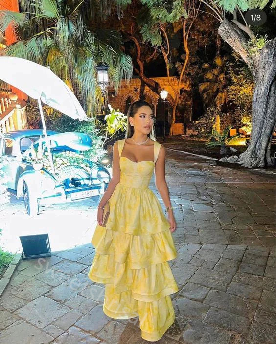 Yellow Sweetheart Sleeveless Ruffle Floor Length Prom Dress,SWS2188