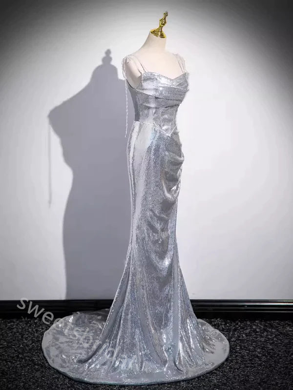 Sparkly Spaghetti Straps Sleeveless Mermaid Floor Length  Prom Dress,SWS2296