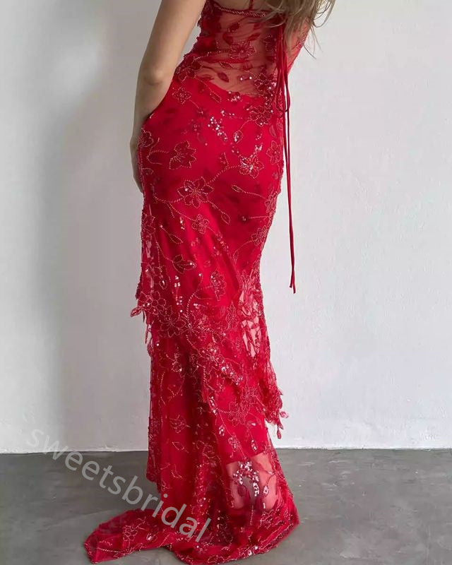 Red Sparkly V-neck Sleeveless Sheath Floor Length  Prom Dress,SWS2293