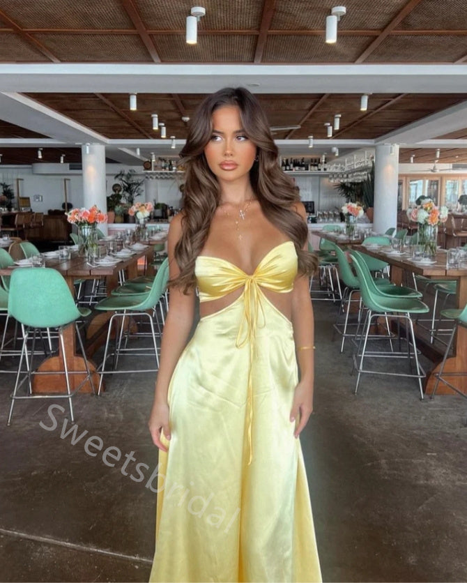 Yellow Sexy Sweetheart Sleeveless A-line Floor Length  Prom Dress,SWS2287
