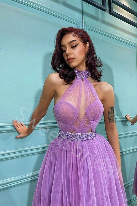 Elegant Halter Sleeveless A-line Long Prom Dress,SW1997