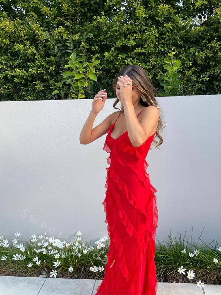 Sexy V-neck Sleeveless Ruffle Mermaid Long Prom Dress,SWS2045
