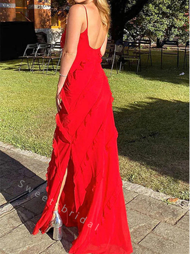 Sexy V-neck Sleeveless Ruffle Mermaid Long Prom Dress,SWS2045