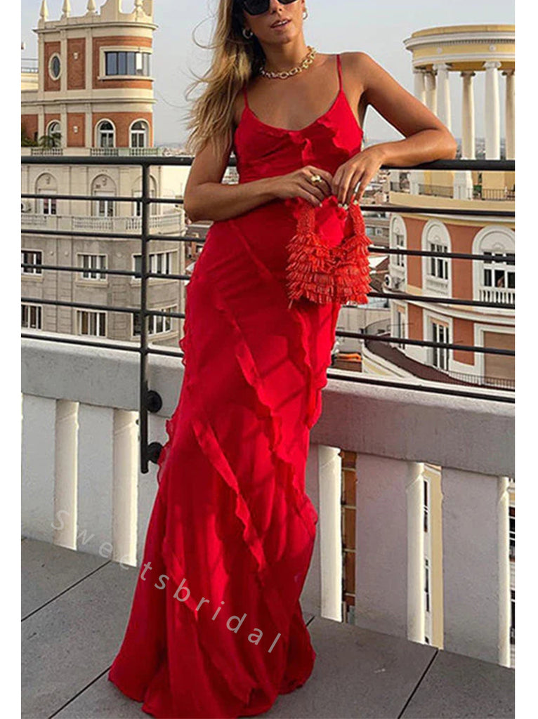Sexy V-neck Sleeveless Ruffle Mermaid Long Prom Dress,SWS2045