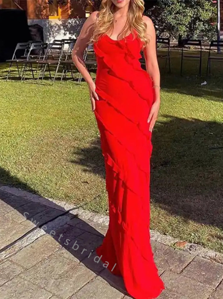 Sexy V-neck Sleeveless Ruffle Mermaid Long Prom Dress,SWS2045