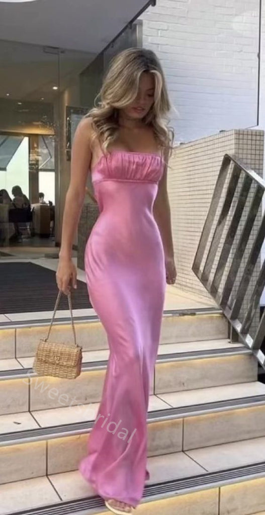 Pink Spaghetti Straps Sleeveless Sheath Floor Length  Prom Dress,SWS2285