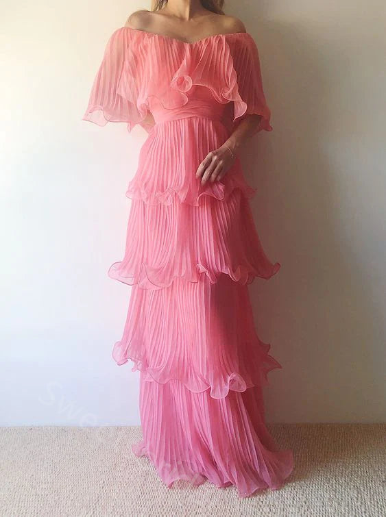 Elegant Off Shoulder Ruffle Sleeveless A-line Long Prom Dress,SWS2132