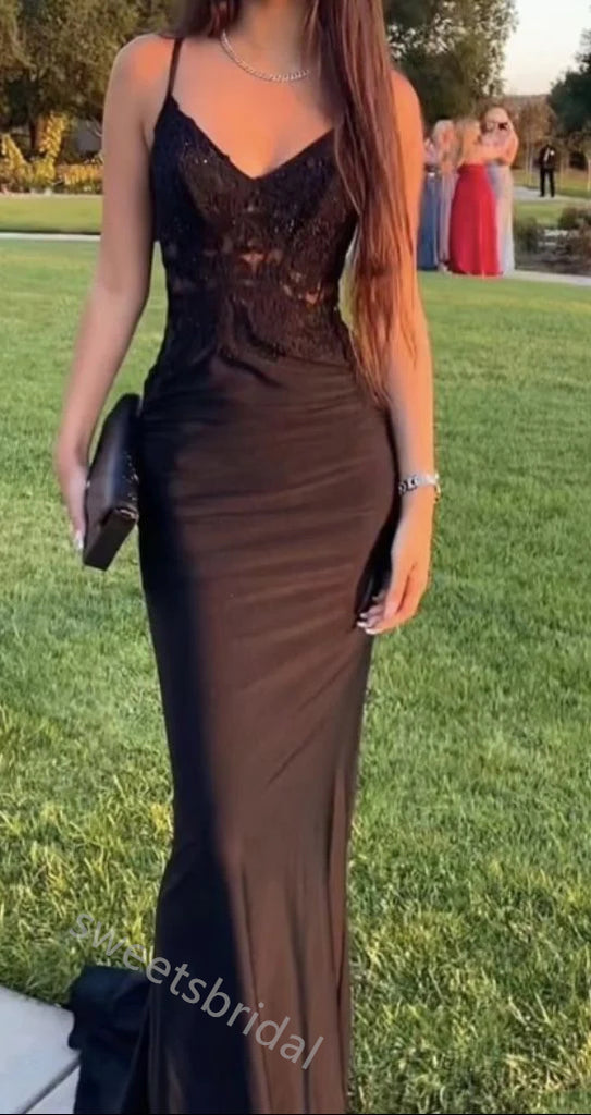 Black V-neck Sleeveless Mermaid Floor Length Prom Dress,SWS2379