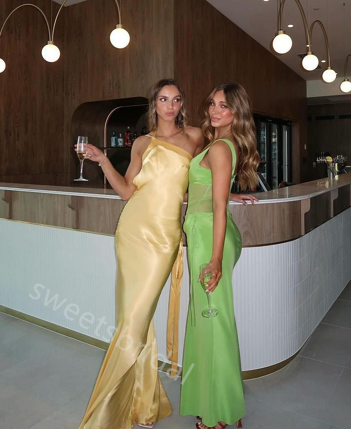 Yellow One Shoulder Sleeveless Sheath Floor Length Prom Dress,SWS2251