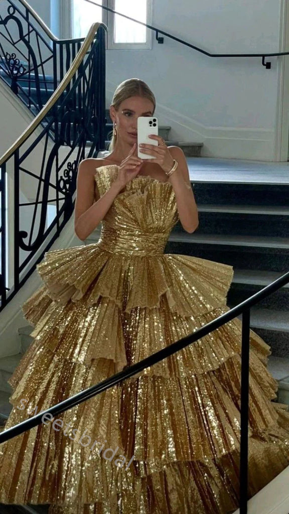 Gold Strapless Ruffle Sleeveless A-line Floor Length  Prom Dress,SWS2304