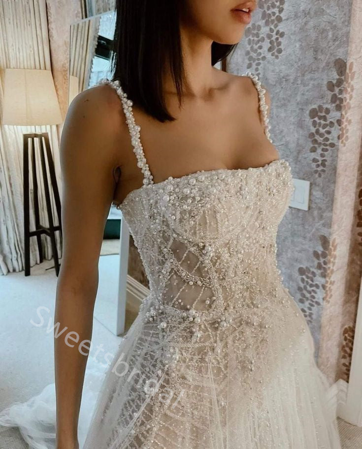 Sparkly Pearl  Square Sleeveless A-line  Wedding Dresses,DB0336