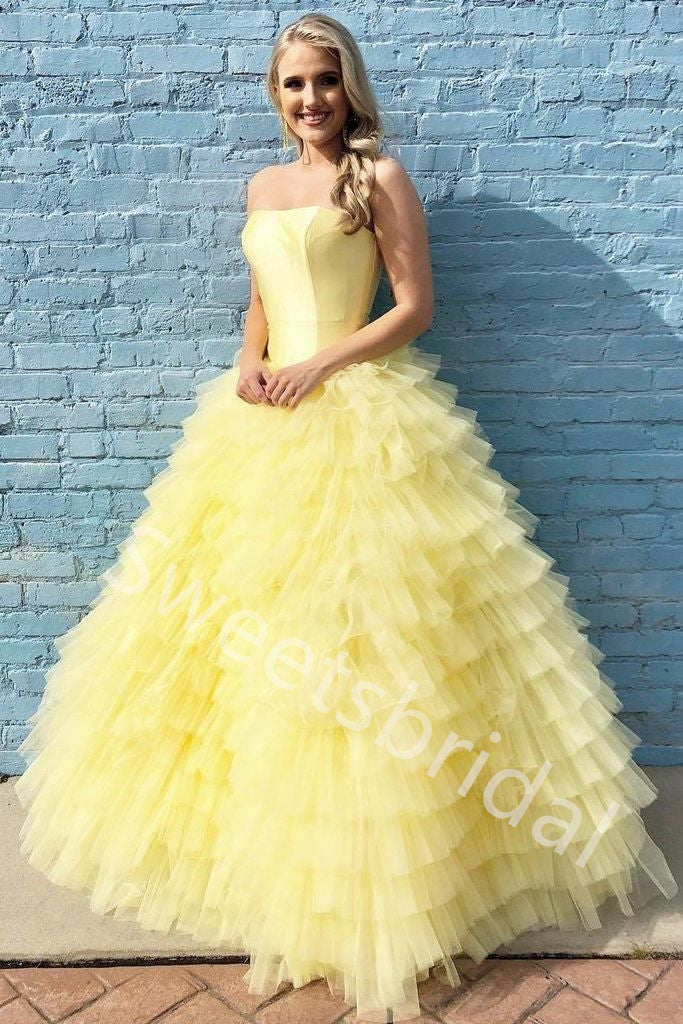 Yellow Elegant Strapless Sleeveless A-line Long Prom Dress,SW2025