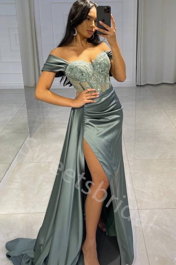 Elegant Sweetheart Off soulder Side slit Sheath Long Prom Dress,SW2008