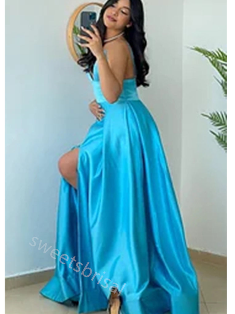 Pool V-neck Sleeveless Side Slit A-line Floor Length Prom Dress,SWS2197