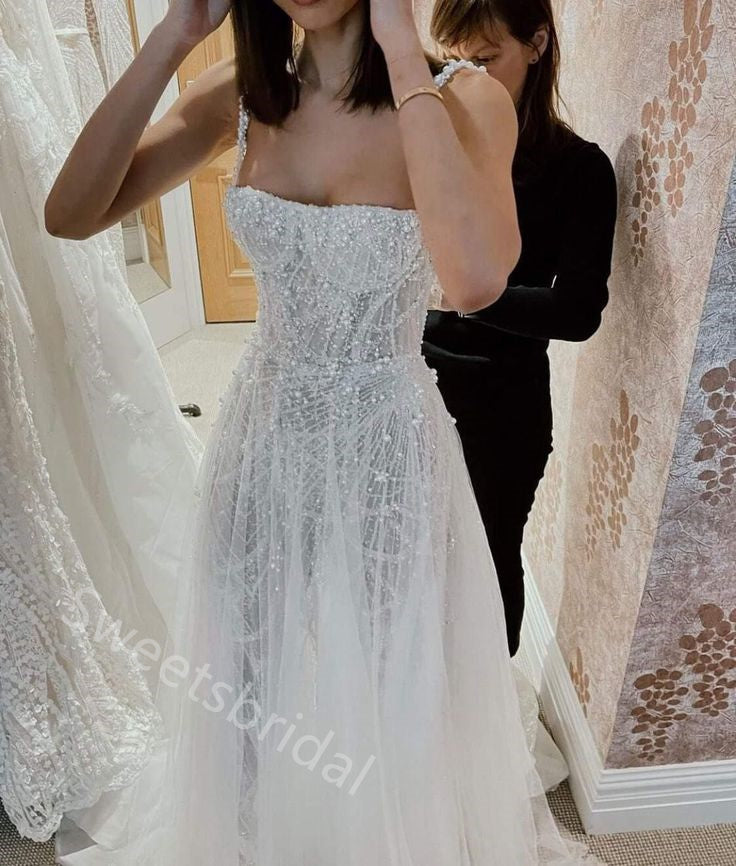 Sparkly Pearl  Square Sleeveless A-line  Wedding Dresses,DB0336