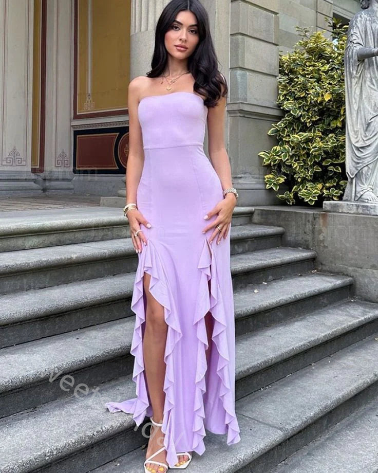 Lilac Ruffle Sleeveless Side Slit Sheath Floor Length Prom Dress,SWS2313