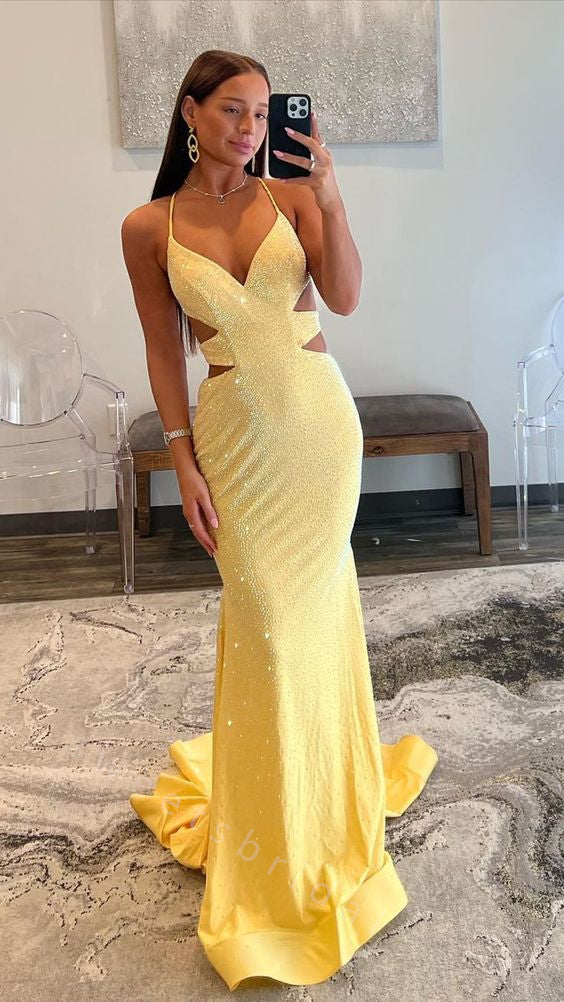 Sexy V-neck Sleeveless Mermaid Long Prom Dress,SWS2104