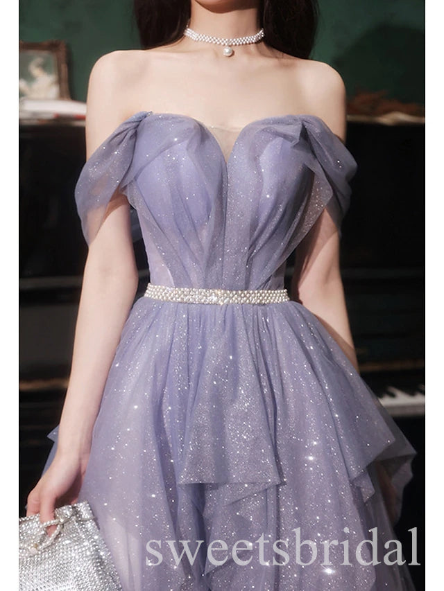 Lilac Off Shoulder Sleeveless Side Slit A-line Long Prom Dress,SWS2516