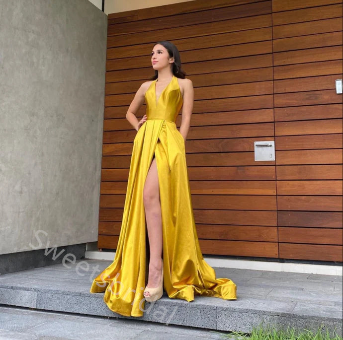Yellow Halter V-neck Sleeveless Side Slit A-line Floor Length  Prom Dress,SWS2290