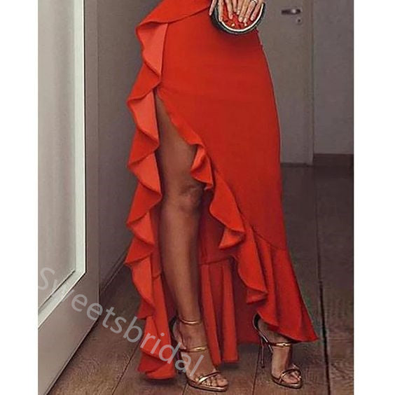 Red V-neck Sleeveless Side Slit Sheath Floor Length  Prom Dress,SWS2289