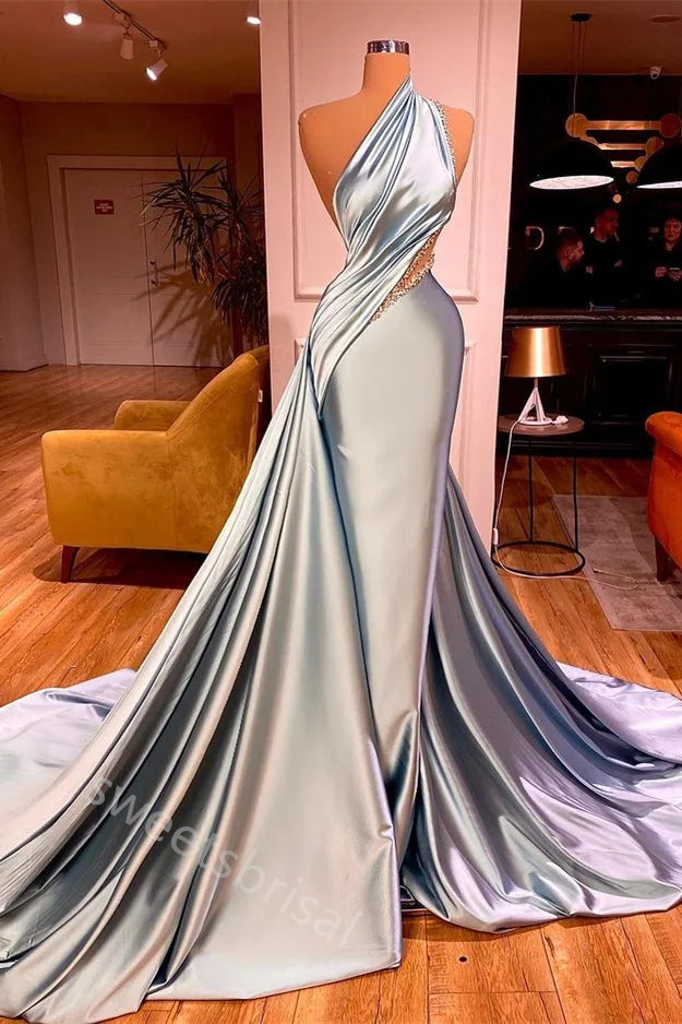 Sliver One Shoulder Sleeveless Mermaid Floor Length Prom Dress,SWS2199