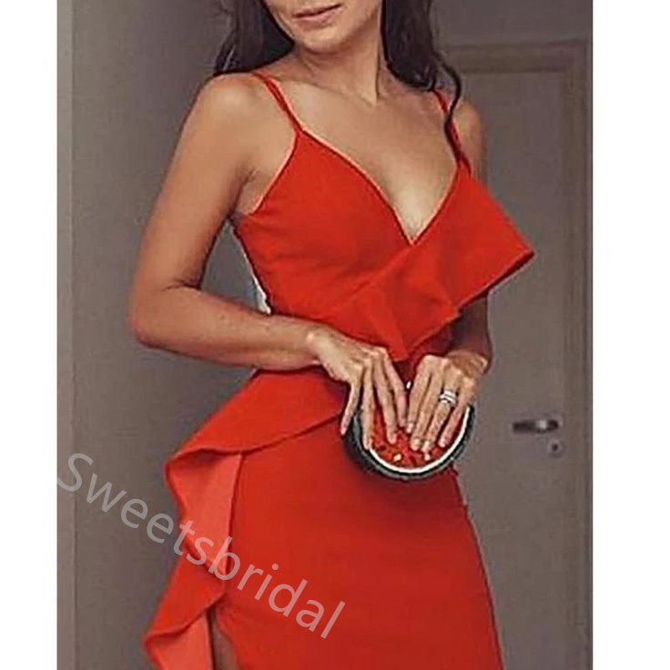 Red V-neck Sleeveless Side Slit Sheath Floor Length  Prom Dress,SWS2289