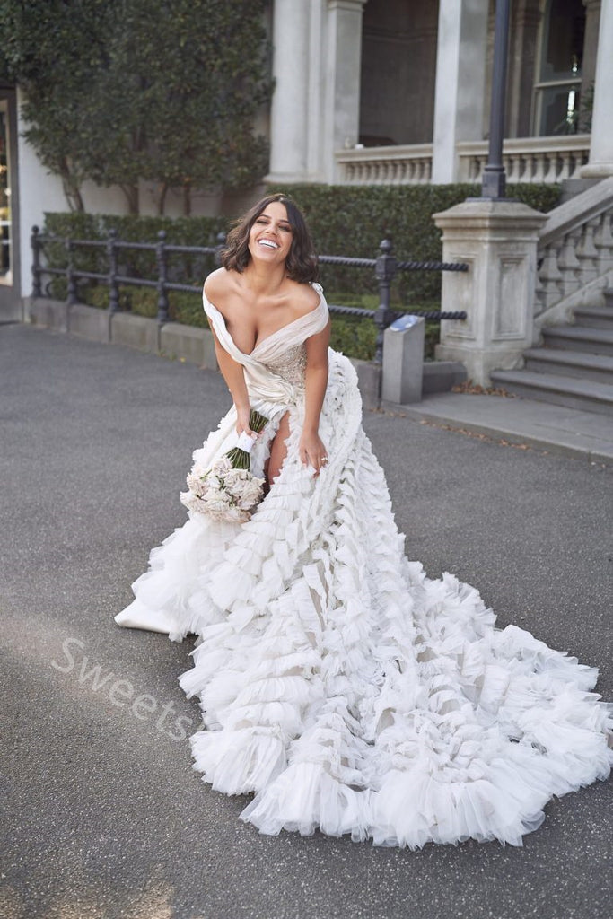 Elegant Off shoulder Sleeveless Side slit A-line Lace applique Wedding Dresses,DB0340
