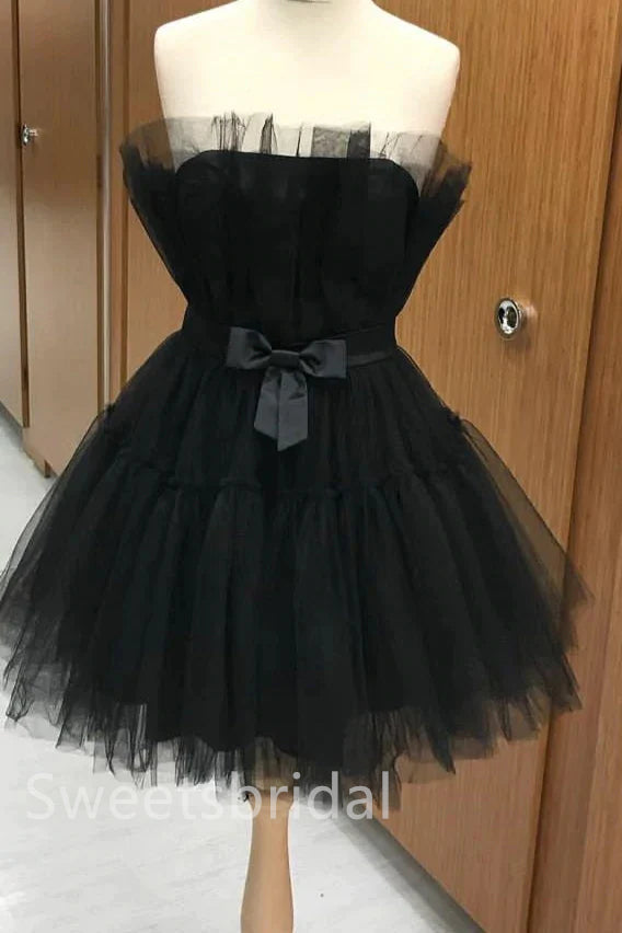 Black Elegant Strapless Sleeveless A-line Short Mini Homecoming Dress, BTW387