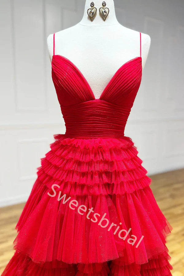 Red Charming V-neck Sleeveless Side slit A-line Long Prom Dress,SW2028