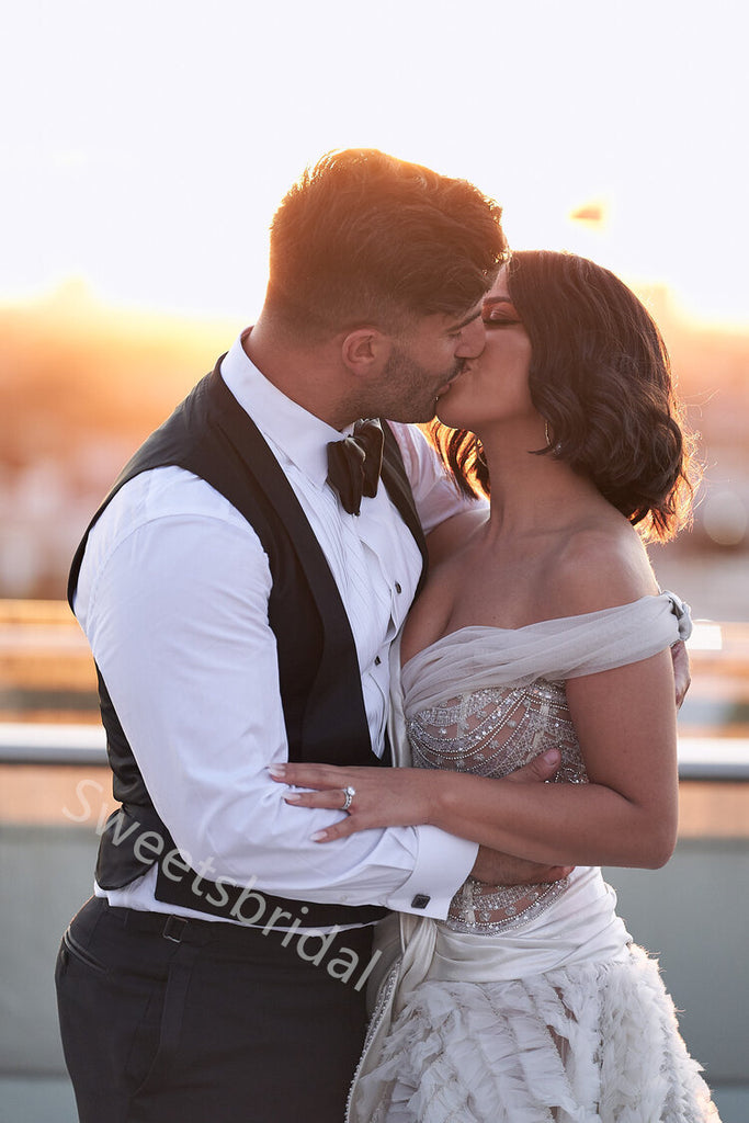 Elegant Off shoulder Sleeveless Side slit A-line Lace applique Wedding Dresses,DB0340