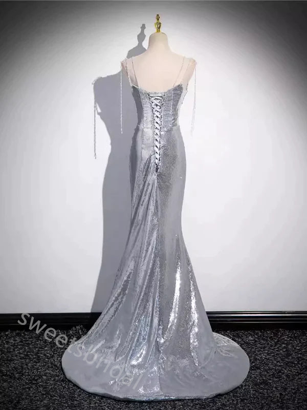Sparkly Spaghetti Straps Sleeveless Mermaid Floor Length  Prom Dress,SWS2296
