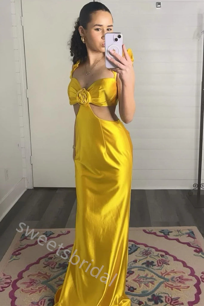 Yellow Ruffle Sweetheart Sleeveless Sheath Floor Length Prom Dress,SWS2229