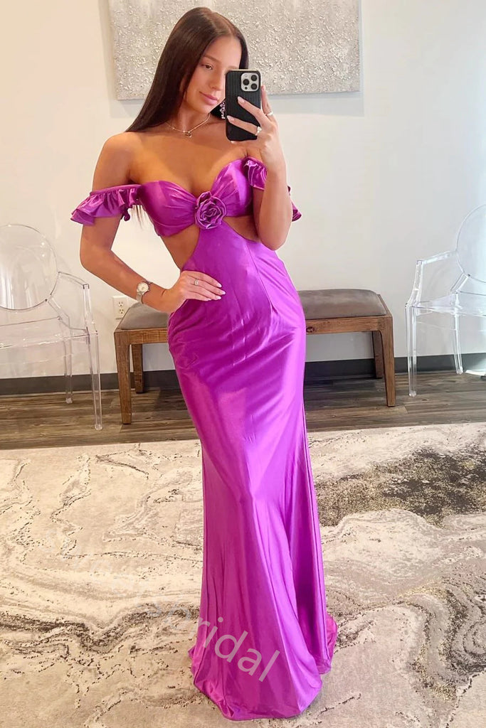 Purple Off Shoulder Sleeveless Sheath Floor Length Prom Dress,SWS2232