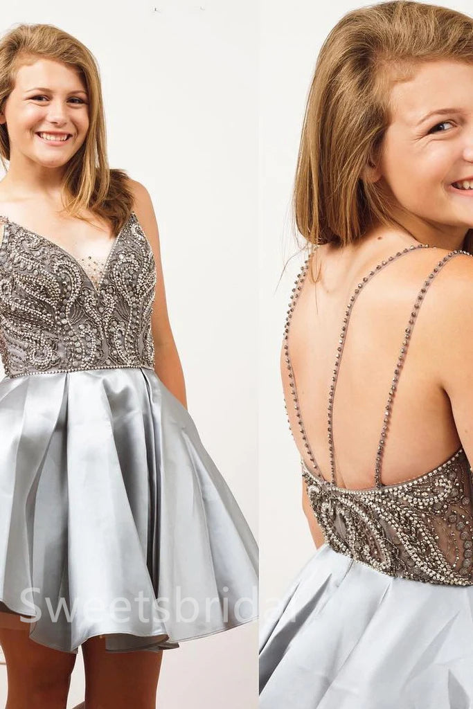 Elegant V-neck Sleeveless A-line Short Mini Homecoming Dress, BTW393
