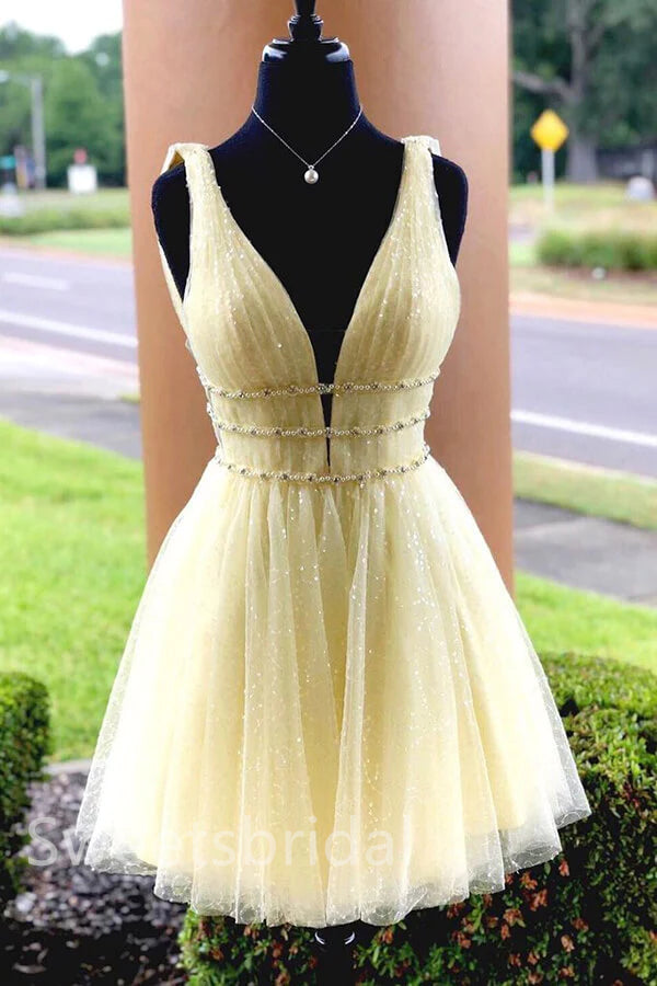 Elegant V-neck Sleeveless A-line Short Mini Homecoming Dress, BTW392