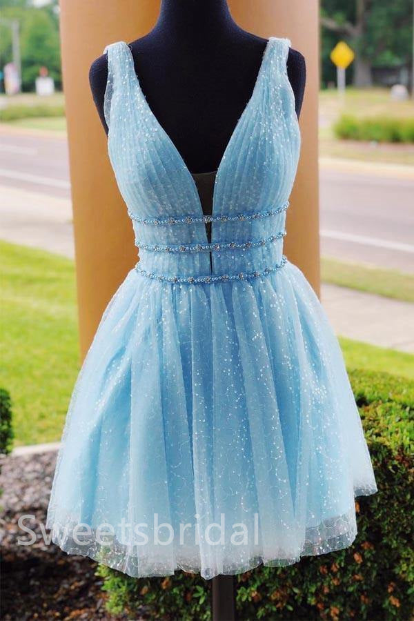 Elegant V-neck Sleeveless A-line Short Mini Homecoming Dress, BTW392