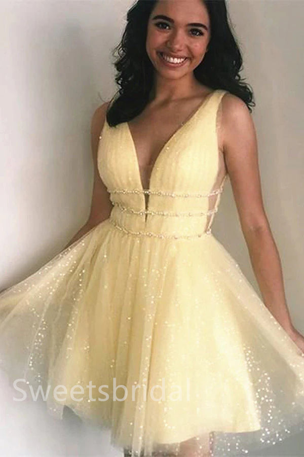 Elegant V-neck Sleeveless A-line Short Mini Homecoming Dress, BTW392