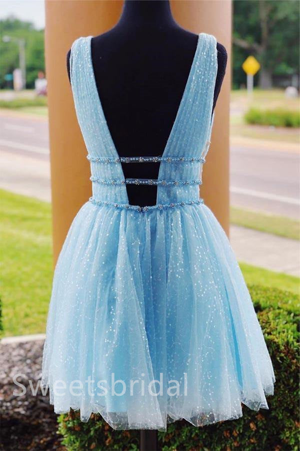 Elegant V-neck Sleeveless A-line Short Mini Homecoming Dress, BTW392