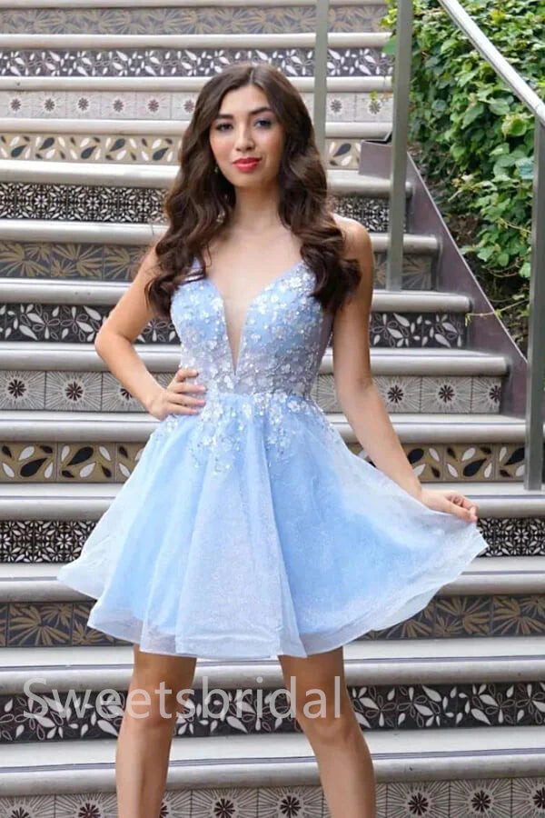 Elegant V-neck Sleeveless A-line Short Mini Homecoming Dress, BTW390