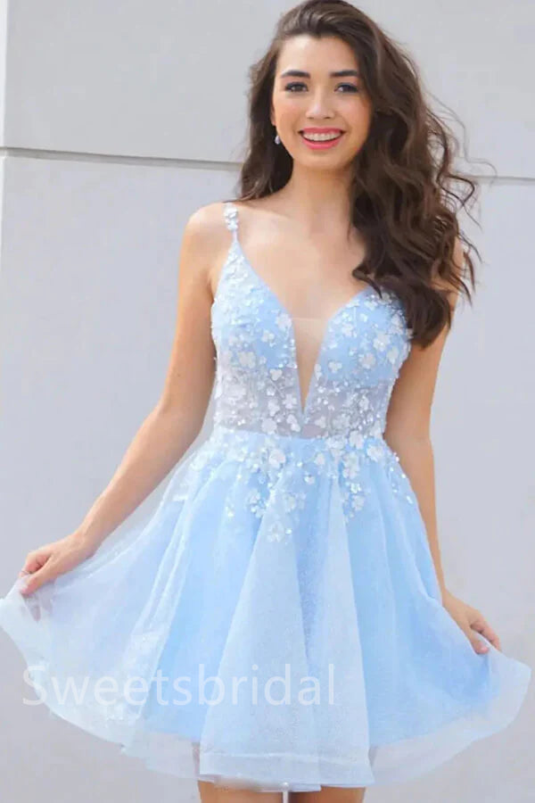 Elegant V-neck Sleeveless A-line Short Mini Homecoming Dress, BTW390