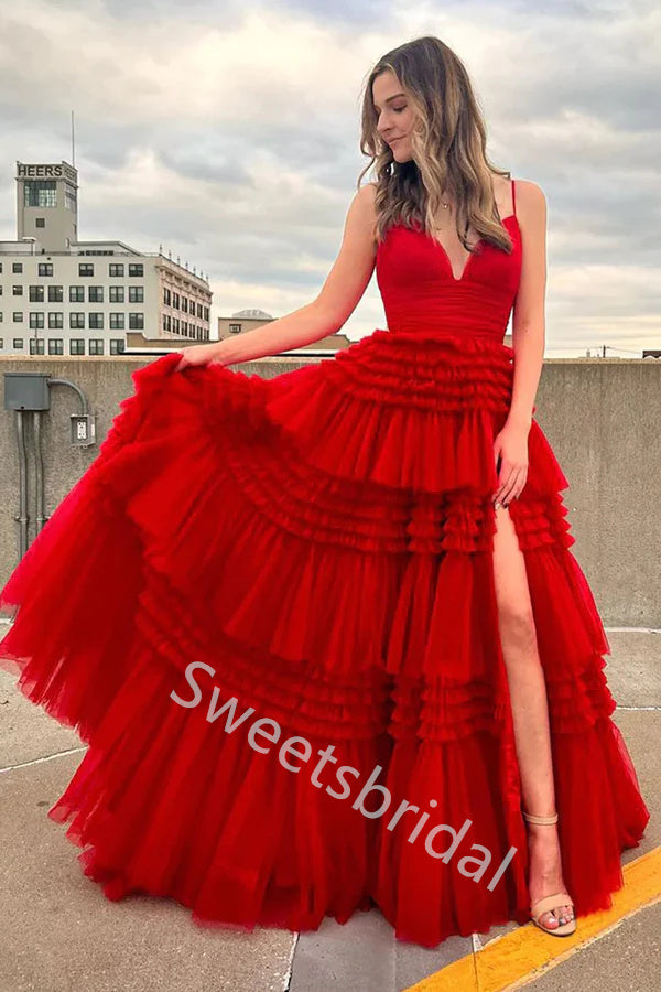 Red Charming V-neck Sleeveless Side slit A-line Long Prom Dress,SW2028