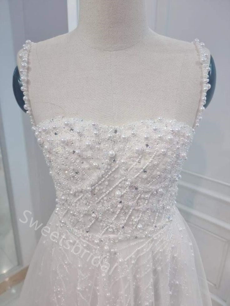 Sparkly Pearl  Square Sleeveless A-line  Wedding Dresses,DB0336