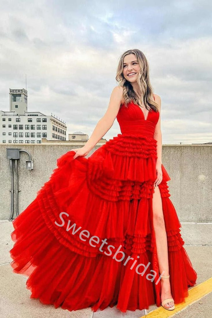 Red Charming V-neck Sleeveless Side slit A-line Long Prom Dress,SW2028