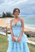 Blue Elegant V-neck Sleeveless A-line Long Prom Dress,SW2022